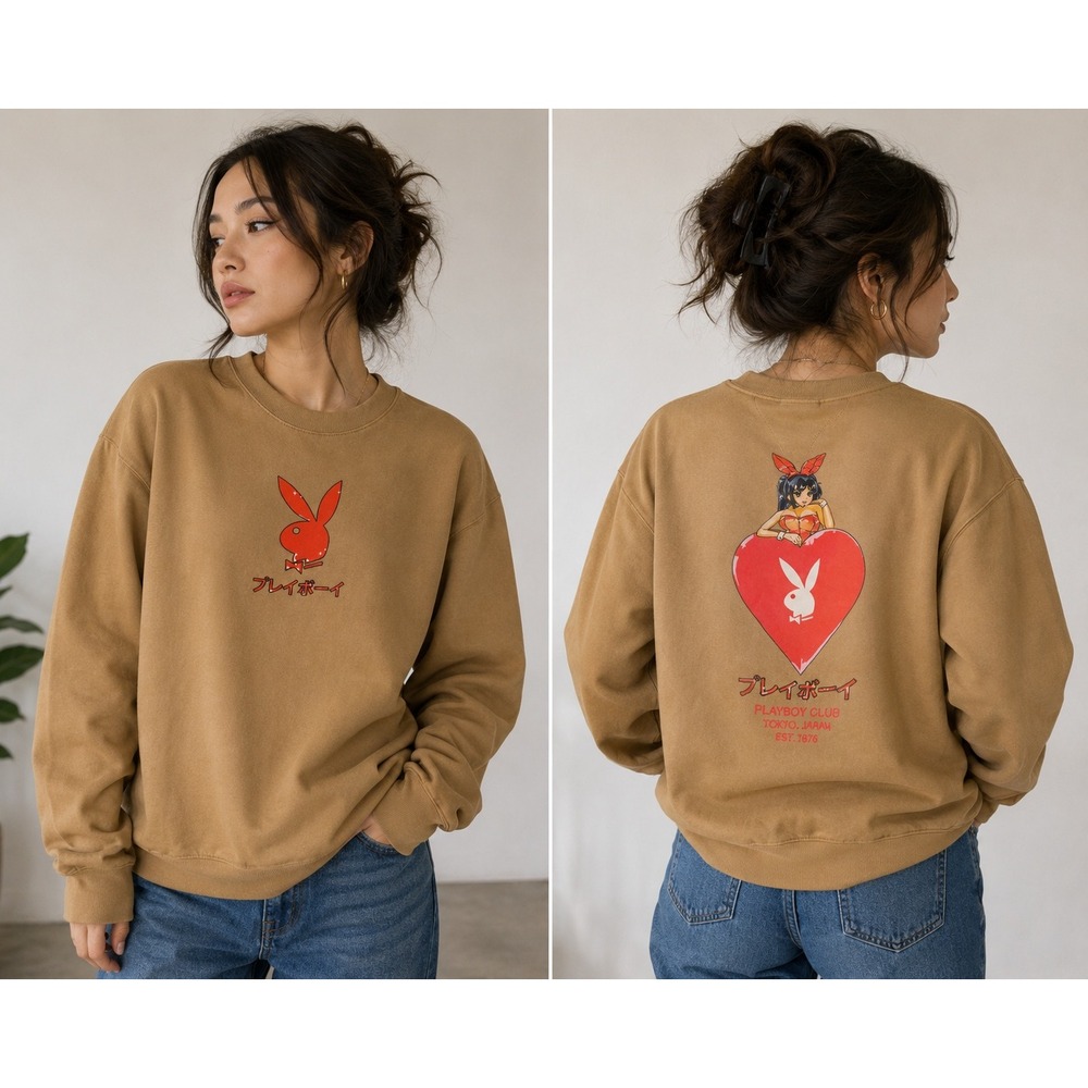 Playboy x Color Bars Tokyo Japan Ace of Hearts Sweatshirt Tan Mens Medium